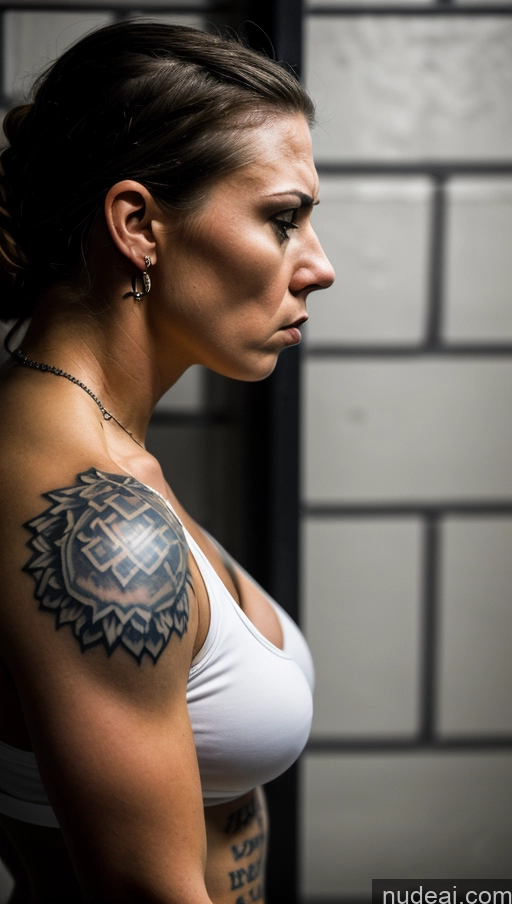 related ai porn images free for Woman One Angry Sad Prison Side View Dark Lighting Beautiful Viking Tattoos Muscular Busty Detailed 60s