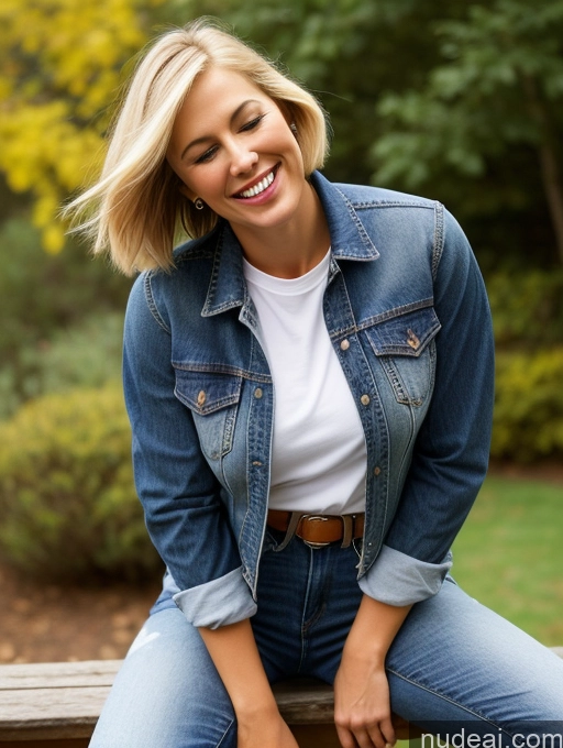 related ai porn images free for Woman Perfect Body Thick 40s Blonde Short Hair German Straddling Orgasm Shirt Happy Front View Jeans Jacket