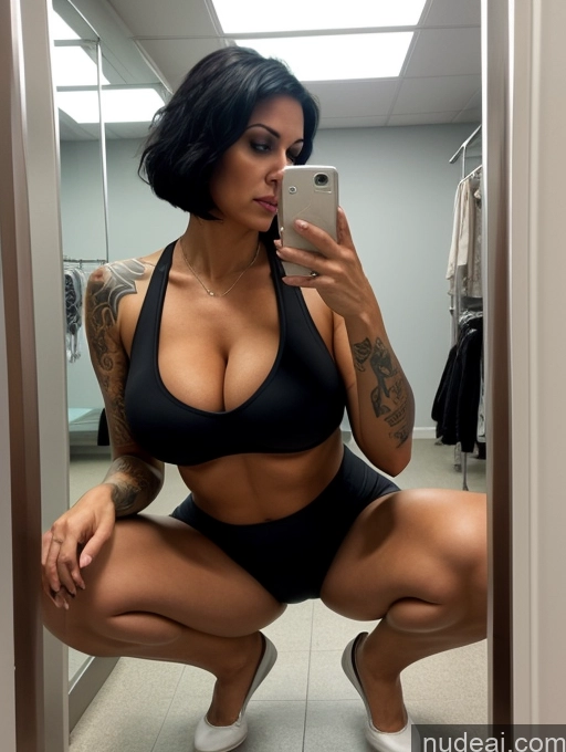 related ai porn images free for Tank Top Spandex Pantyhose Tall Tanned Skin Huge Boobs Tattoos Cleavage Bright Lighting Black Hair Bobcut Front View Changing Room 30s Serious Milf Squatting Sad