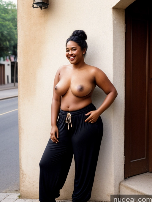 related ai porn images free for Woman One Dark Skin 30s Happy Black Hair Hair Bun Film Photo Street Front View Topless Chubby Indian Fat Harem Pants