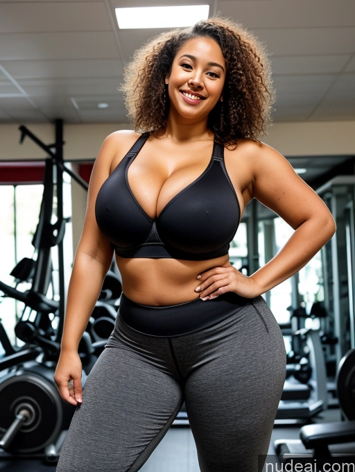 related ai porn images free for Woman Huge Boobs Big Ass Thick Long Legs 18 Happy Brunette Curly Hair British Gym Front View Bra Crop Top Yoga Pants Cleavage Dark Lighting Detailed