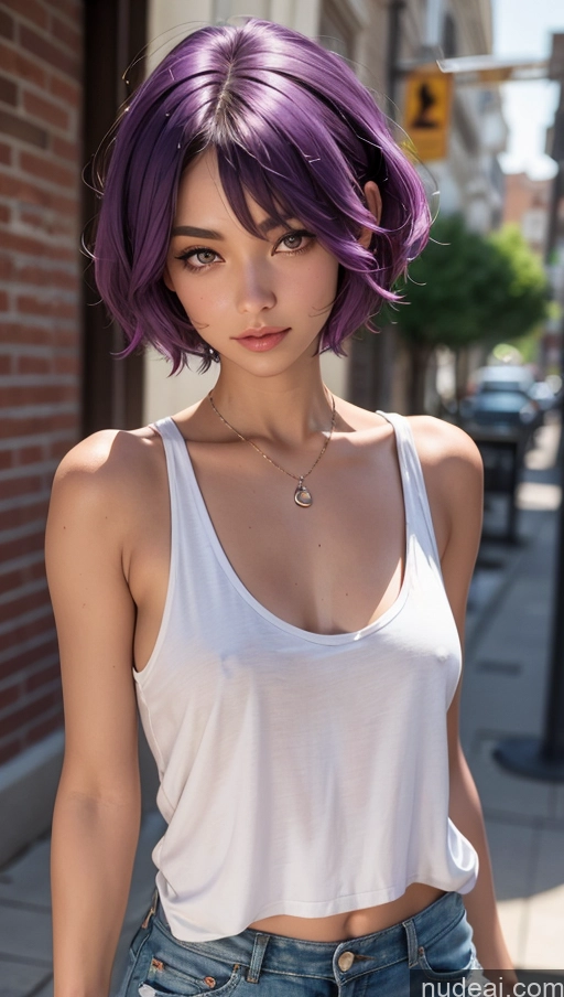 related ai porn images free for Close-up View Tanned Skin Egyptian Purple Hair Short Hair Small Tits Skinny Tank Top Casual