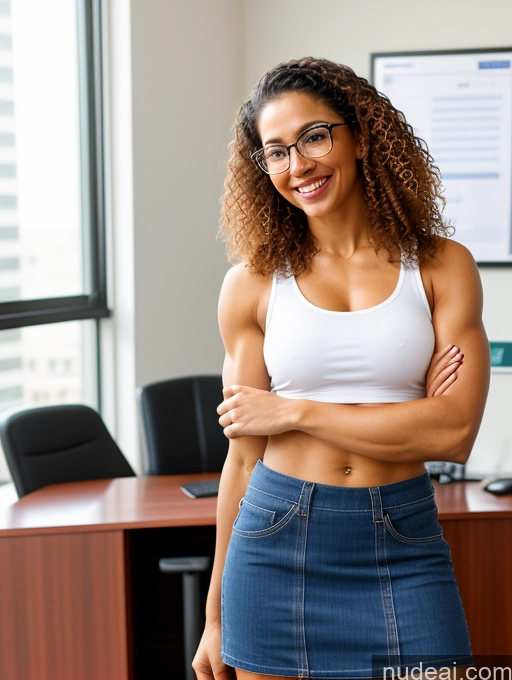 related ai porn images free for Woman Muscular Abs Glasses 20s Happy Ginger Curly Hair Brazilian Office Front View Casual Mini Skirt Traditional