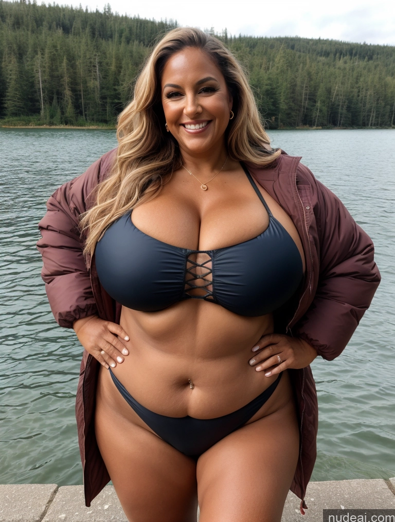 related ai porn images free for One Busty Huge Boobs Thick Tanned Skin Laughing Front View Microkini Thong 60s Lumberjack Parka Halloween Lake