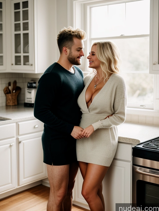 related ai porn images free for Woman + Man Two Small Tits Thick Fairer Skin 30s Blonde Messy White Film Photo Kitchen Dress Sweater Cleavage Dark Lighting Detailed