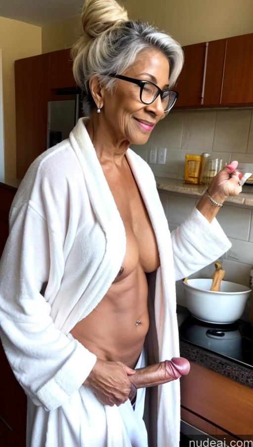 related ai porn images free for Trans Girl With Erect Penis Dark Skin Muscular Abs Hair Tied Up Milf Bathrobe Pubic Hair 80s Kitchen Glasses Side View