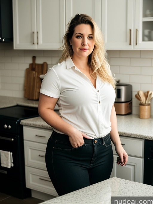 related ai porn images free for Woman Small Tits Big Ass Fat Big Hips Fairer Skin 30s Blonde Messy White Film Photo Dark Lighting Detailed Shirt Kitchen