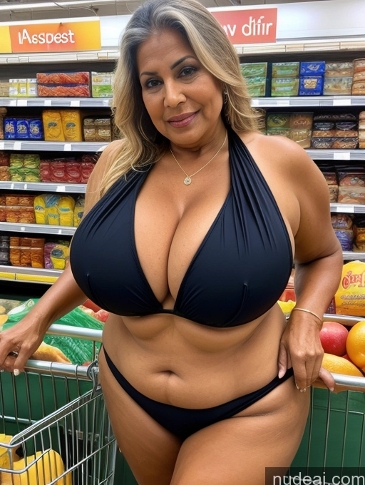 related ai porn images free for Milf One Busty Huge Boobs Thick Tanned Skin Microkini Thong Front View Indian 80s Grocery