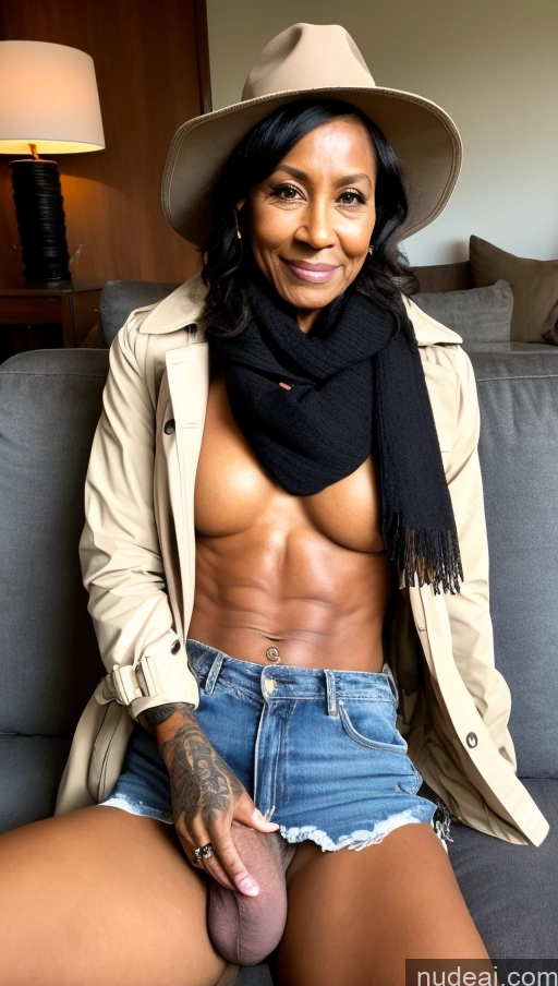 related ai porn images free for Trans Girl With Erect Penis Muscular Abs Dark Skin Black Hair Tattoos Milf 70s Jacket Scarf Western Trench Coat Hat Couch