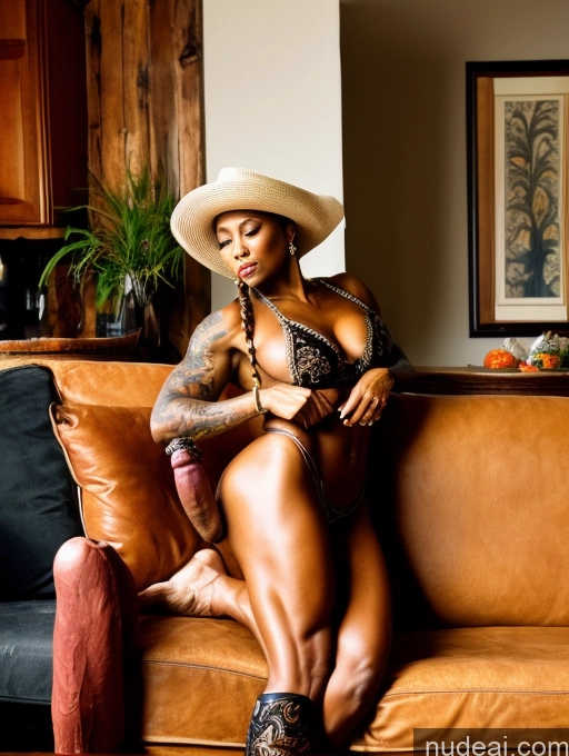 related ai porn images free for Trans Girl With Erect Penis Muscular Abs Dark Skin Black Hair Tattoos Milf 70s Western Trench Coat Hat Couch Boots Braided