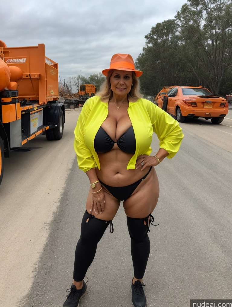 related ai porn images free for Milf One Busty Huge Boobs Thick Tanned Skin Microkini Thong Front View 70s Latina Jacket Hat Halloween Construction Worker