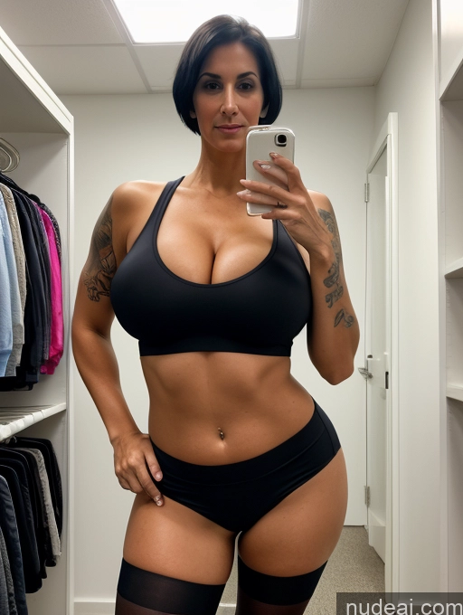 related ai porn images free for Pantyhose Bright Lighting Cleavage Tall Tanned Skin Huge Boobs Tattoos Jewish Black Hair Bobcut Changing Room Front View 30s Sad Milf Tank Top Spandex Serious Laughing