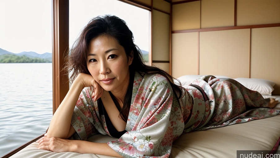 related ai porn images free for One Sexy Face Film Photo Front View Bright Lighting Woman Messy 40s Japanese Lake Kimono
