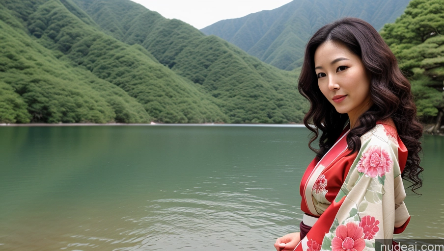 related ai porn images free for Woman One 30s Sexy Face Curly Hair Japanese Warm Anime Lake Front View Kimono