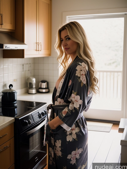 related ai porn images free for Woman Small Tits Big Ass Thick Big Hips Fairer Skin 30s Blonde Messy White Film Photo Kitchen Kimono Dark Lighting Detailed Bathrobe Front View