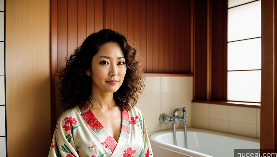related ai porn images free for Woman One Sexy Face Curly Hair Japanese Front View Kimono Bright Lighting Detailed Beautiful Vintage 40s Bathroom