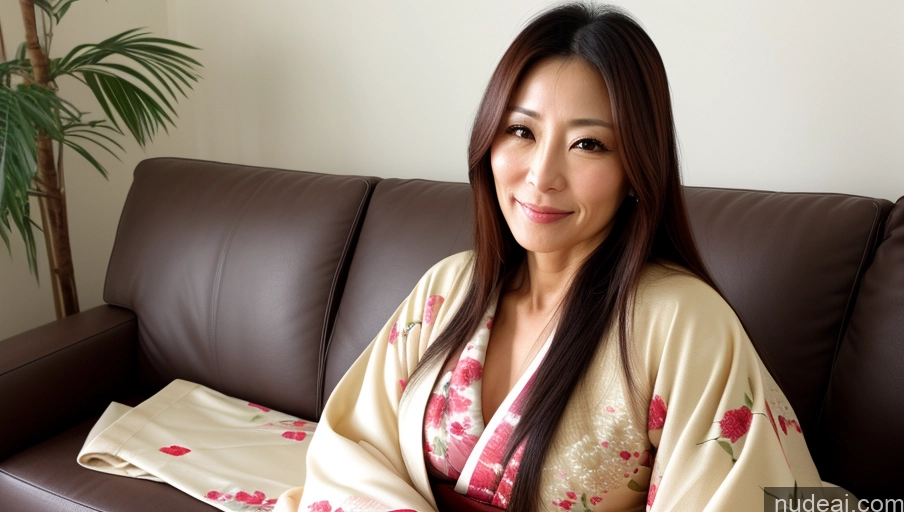 related ai porn images free for Woman One Sexy Face Japanese Front View Kimono Bright Lighting Detailed Beautiful 40s Long Hair Soft + Warm Couch