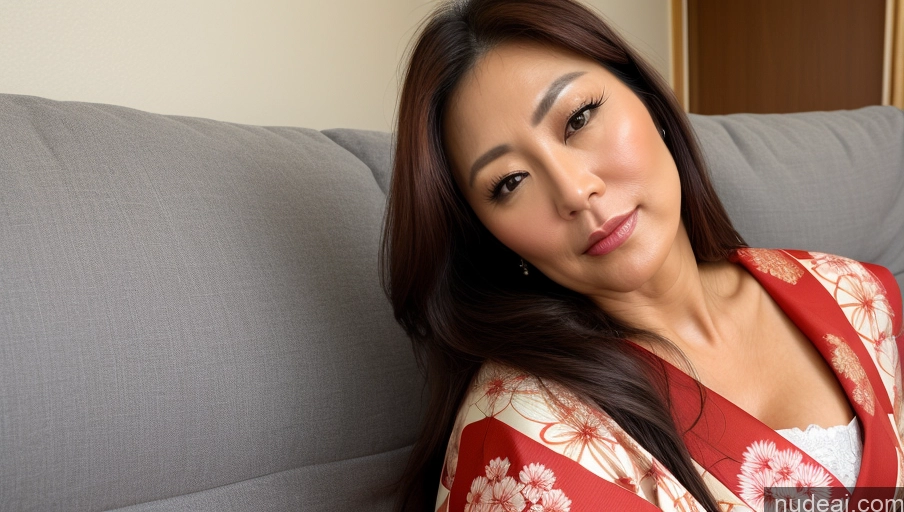 related ai porn images free for Woman One Sexy Face Japanese Kimono Bright Lighting Detailed Beautiful Long Hair Soft + Warm Couch Thick 50s Close-up View