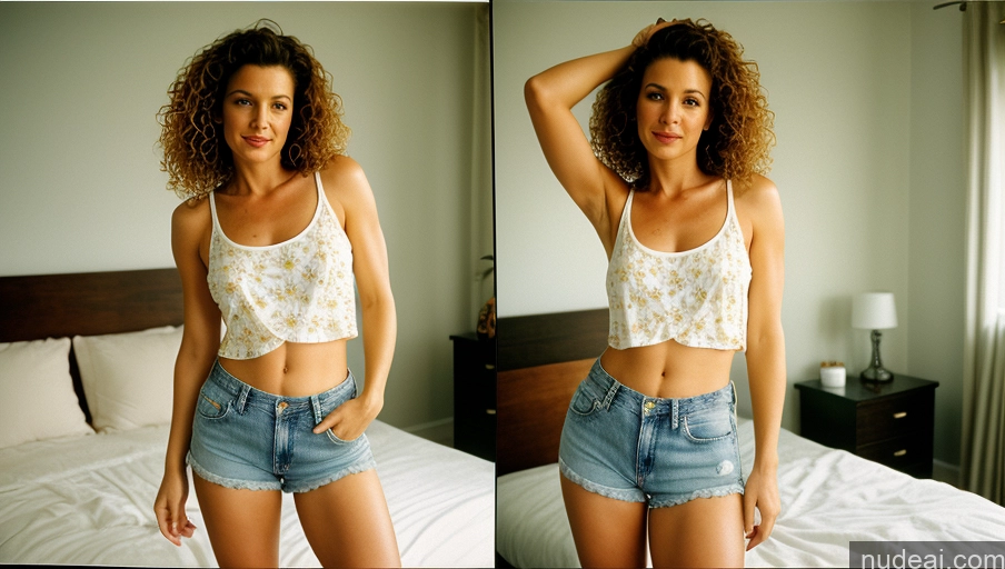 related ai porn images free for Woman One Sexy Face Film Photo Bedroom Front View Detailed Curly Hair 40s Czech Daisy Dukes Tank Top