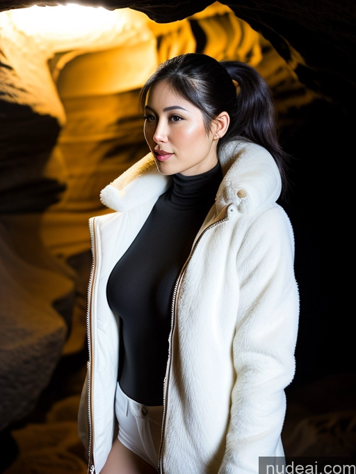related ai porn images free for Woman Beautiful Perfect Body Bright Lighting Front View Fairer Skin Asian Black Hair Ponytail 20s Perfect Boobs Cave Fur Jacket