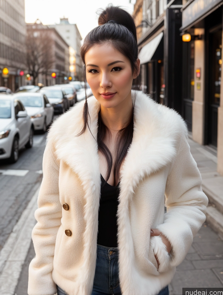 related ai porn images free for Woman Beautiful Perfect Body Bright Lighting Front View Fairer Skin Asian Black Hair Ponytail 20s Perfect Boobs Fur Jacket Street Cleavage