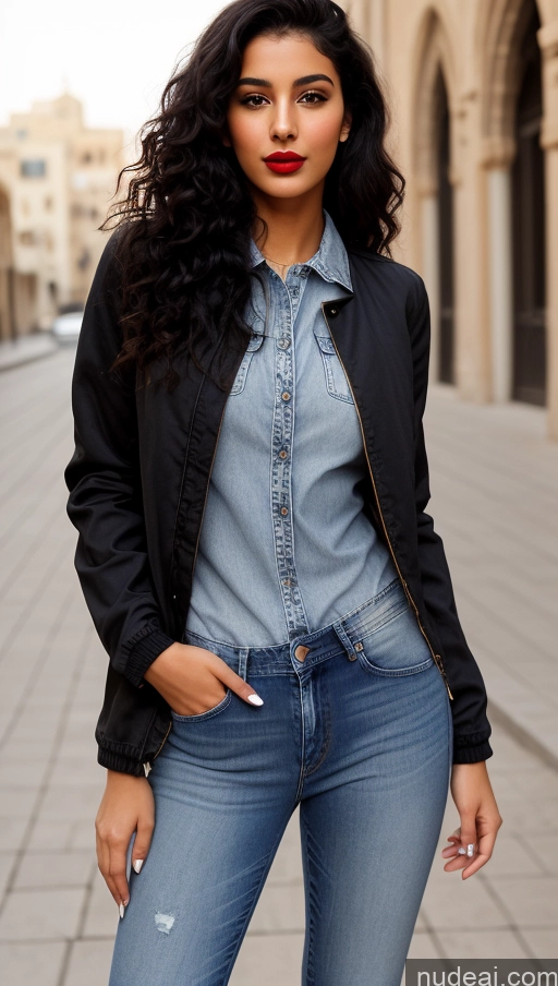 related ai porn images free for Woman One Lipstick Beautiful Perfect Body 18 Sexy Face Black Hair Arabic Front View Detailed Dress Curly Hair Street Jacket Jeans