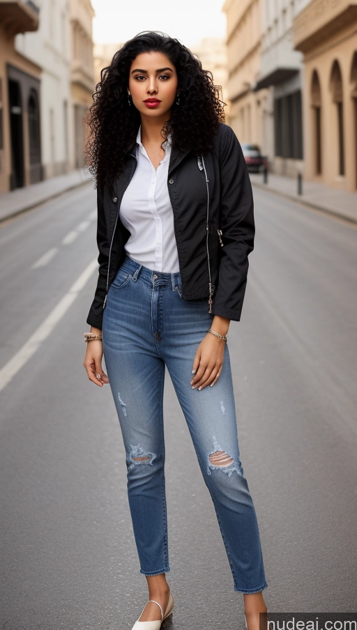 related ai porn images free for Woman One Lipstick Beautiful Perfect Body 18 Sexy Face Black Hair Arabic Front View Detailed Dress Curly Hair Street Jacket Jeans