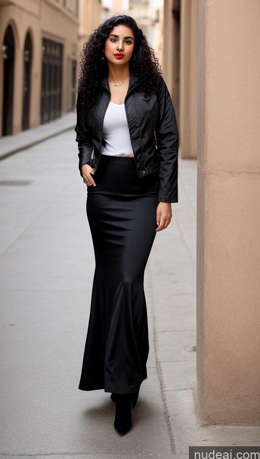 related ai porn images free for Woman One Lipstick Beautiful Perfect Body 18 Sexy Face Black Hair Arabic Front View Detailed Curly Hair Street Jacket Boots Long Skirt