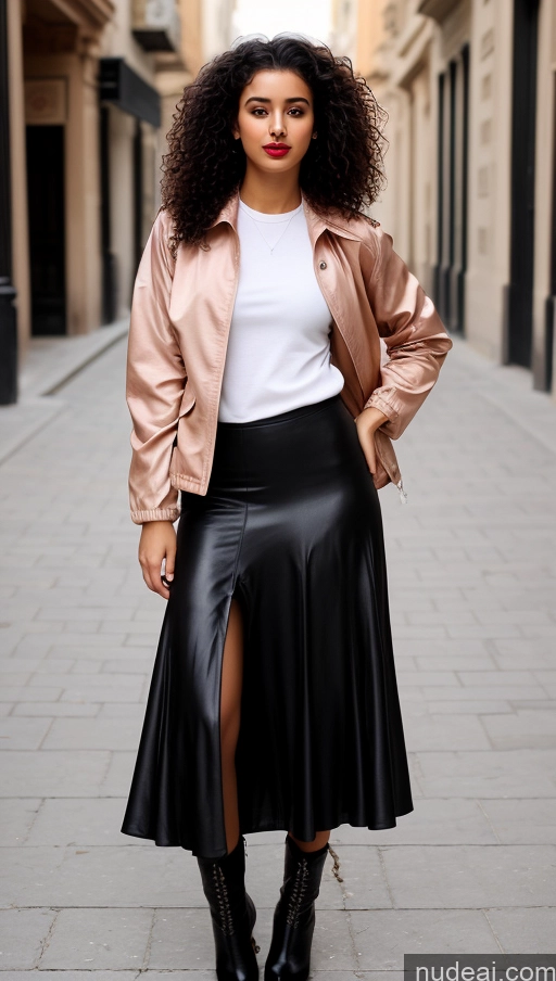 related ai porn images free for Woman One Lipstick Beautiful Perfect Body 18 Sexy Face Black Hair Arabic Front View Detailed Curly Hair Street Jacket Boots Long Skirt