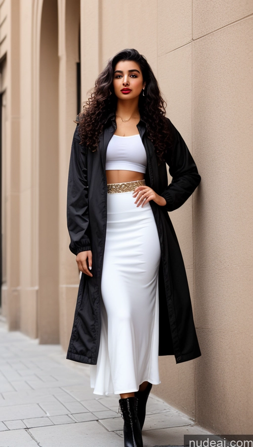 related ai porn images free for Woman One Lipstick Beautiful Perfect Body 18 Sexy Face Black Hair Arabic Front View Detailed Curly Hair Street Jacket Boots Long Skirt