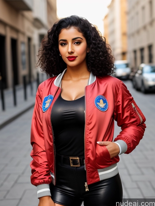 related ai porn images free for Woman One Busty Beautiful Perfect Boobs Lipstick 18 Sexy Face Black Hair Curly Hair Arabic Street Front View Pilot Detailed Jacket Bomber