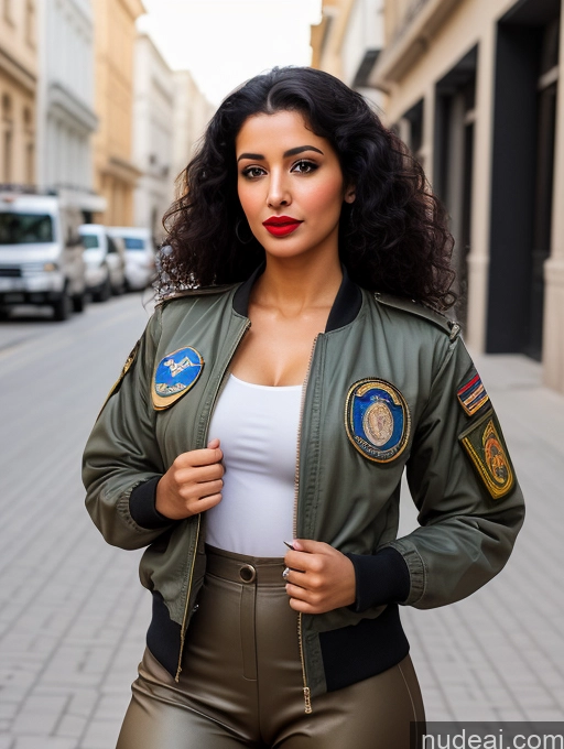 related ai porn images free for Woman One Lipstick Beautiful Perfect Body Black Hair Curly Hair Arabic Street Front View Pilot Military Bomber Detailed
