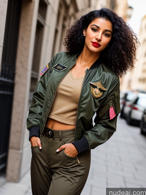 related ai porn images free for Woman One Lipstick Beautiful Perfect Body Black Hair Curly Hair Arabic Street Front View Pilot Military Bomber Detailed 18