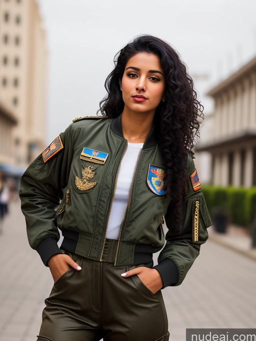 related ai porn images free for Woman One Lipstick Beautiful Perfect Body Black Hair Curly Hair Arabic Street Front View Pilot Military Bomber Detailed 18