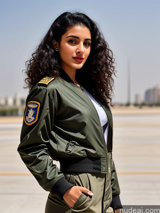 related ai porn images free for Woman One Lipstick Beautiful Perfect Body Black Hair Curly Hair Arabic Street Front View Pilot Military Bomber Detailed 18