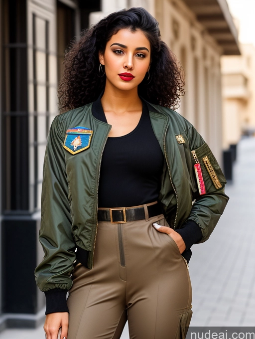 related ai porn images free for Woman One Lipstick Beautiful Perfect Body Black Hair Curly Hair Arabic Street Front View Pilot Military Bomber Detailed 18