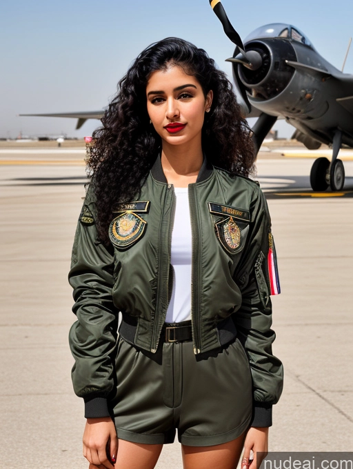 related ai porn images free for Woman One Lipstick Beautiful Perfect Body Black Hair Curly Hair Arabic Street Front View Pilot Military Bomber Detailed 18
