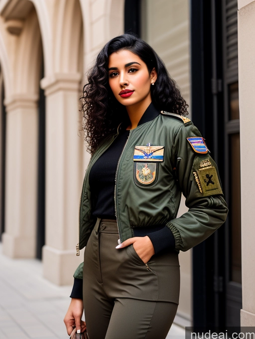related ai porn images free for Woman One Lipstick Beautiful Perfect Body Black Hair Curly Hair Arabic Street Front View Pilot Military Bomber Detailed 18