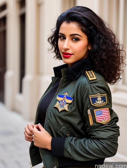 related ai porn images free for Woman One Lipstick Beautiful Perfect Body Black Hair Curly Hair Arabic Street Front View Pilot Military Bomber Detailed 18
