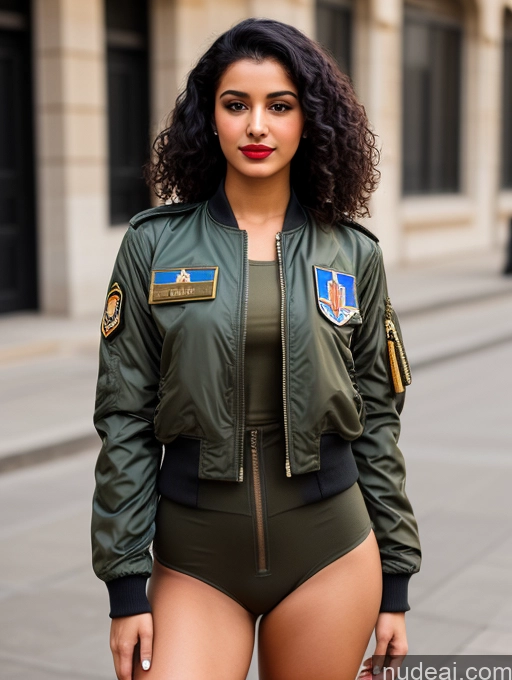 related ai porn images free for Woman One Lipstick Beautiful Perfect Body Black Hair Curly Hair Arabic Street Front View Pilot Military Bomber Detailed 18