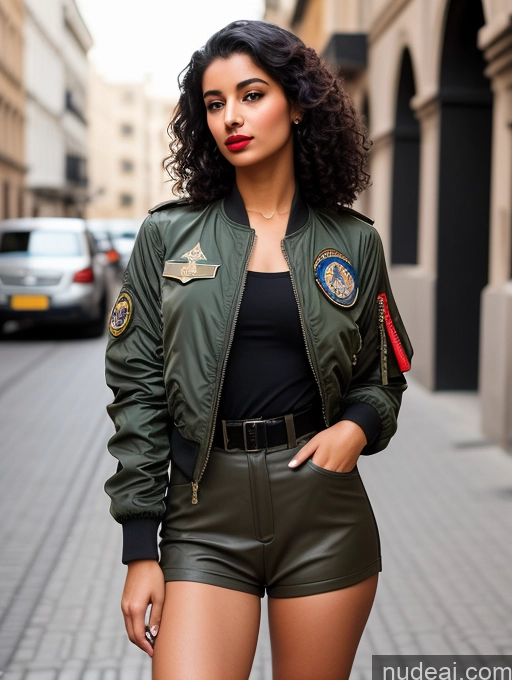 related ai porn images free for Woman One Lipstick Beautiful Perfect Body Black Hair Curly Hair Arabic Street Front View Pilot Military Bomber Detailed 18