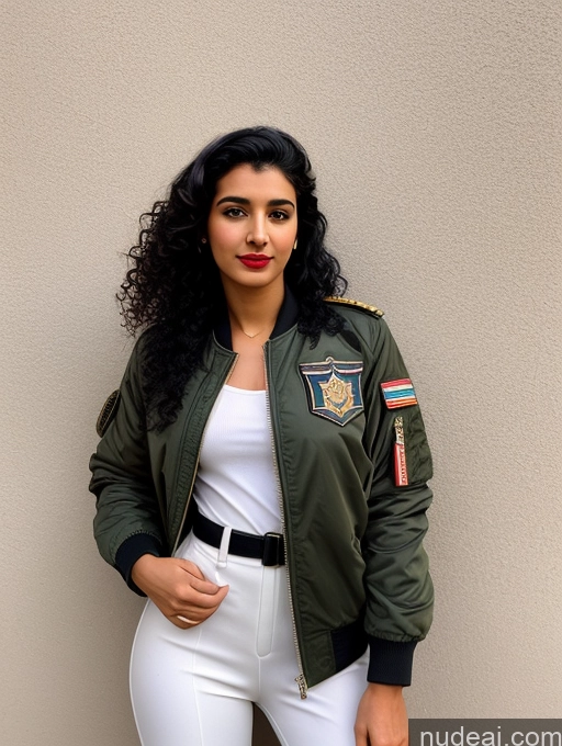 related ai porn images free for Woman One Lipstick Beautiful Perfect Body Black Hair Curly Hair Arabic Street Front View Pilot Military Bomber Detailed 18