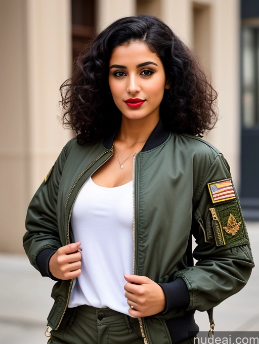 related ai porn images free for Woman One Lipstick Beautiful Perfect Body Black Hair Curly Hair Arabic Street Front View Pilot Military Bomber Detailed 18