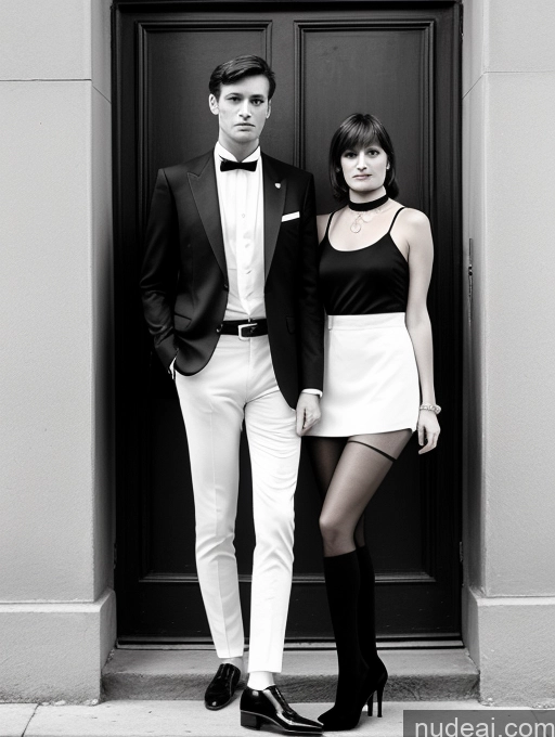 related ai porn images free for Woman + Man 50s Brunette Bangs Italian Street Front View 70s Black And White Chemise Choker Suit Jeans High Socks High Heels