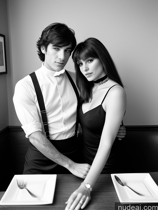 related ai porn images free for Woman + Man 50s Brunette Bangs Italian Restaurant Front View Black And White 70s Chemise Choker Suit Jeans High Socks High Heels