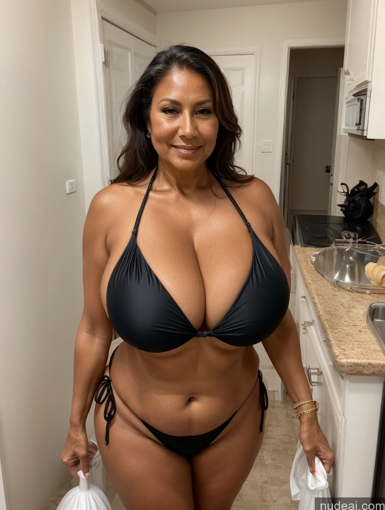 ai nude image of araffe woman in a black bikini posing in a kitchen pics of One Busty Huge Boobs Thick Tanned Skin 60s Front View Microkini Thong Native American Sexy Face Maid
