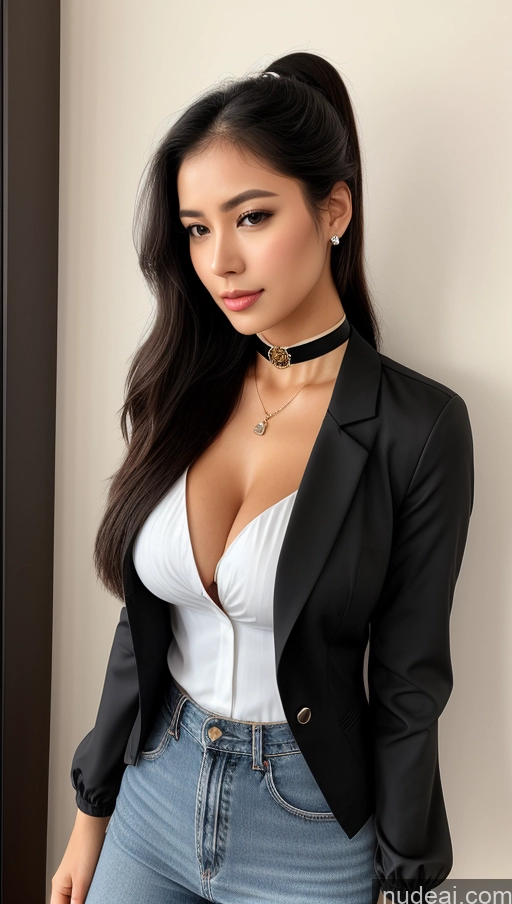 related ai porn images free for Woman One Busty Beautiful Perfect Body 18 Sexy Face Ponytail Black Hair Brazilian Detailed Suit Chemise Choker Front View Jacket Jeans Shirt Secretary High Heels Traditional