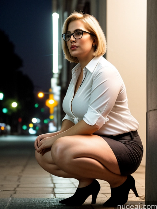 related ai porn images free for Seductive Woman Busty Glasses Chubby 40s Short Hair Blonde Czech Dark Lighting Front View Sexy Face Shirt Fat Blouse Street Squatting