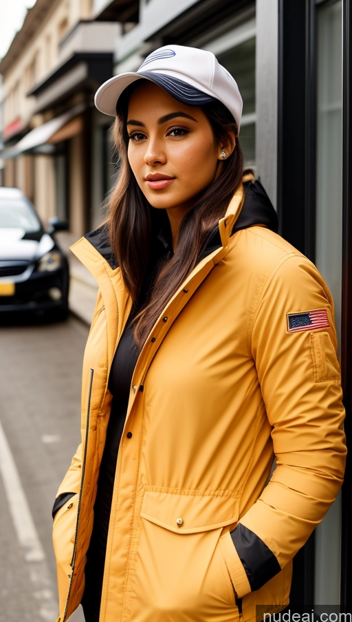 related ai porn images free for Woman Busty Beautiful Perfect Body 18 Seductive Brazilian Front View Detailed Black Hair Ponytail Hat Parka Street Polo Suit Race Driver