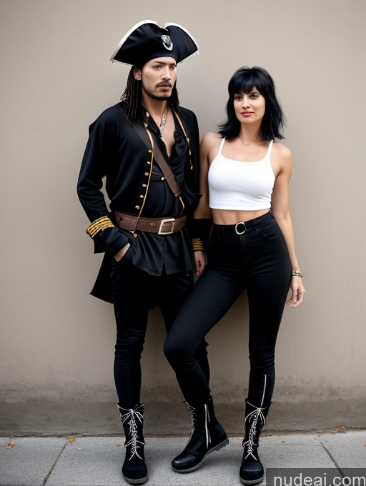 related ai porn images free for Woman + Man 50s Black Hair Bangs Italian Street Front View 70s Pirate Ninja Jeans High Socks Boots Black And White